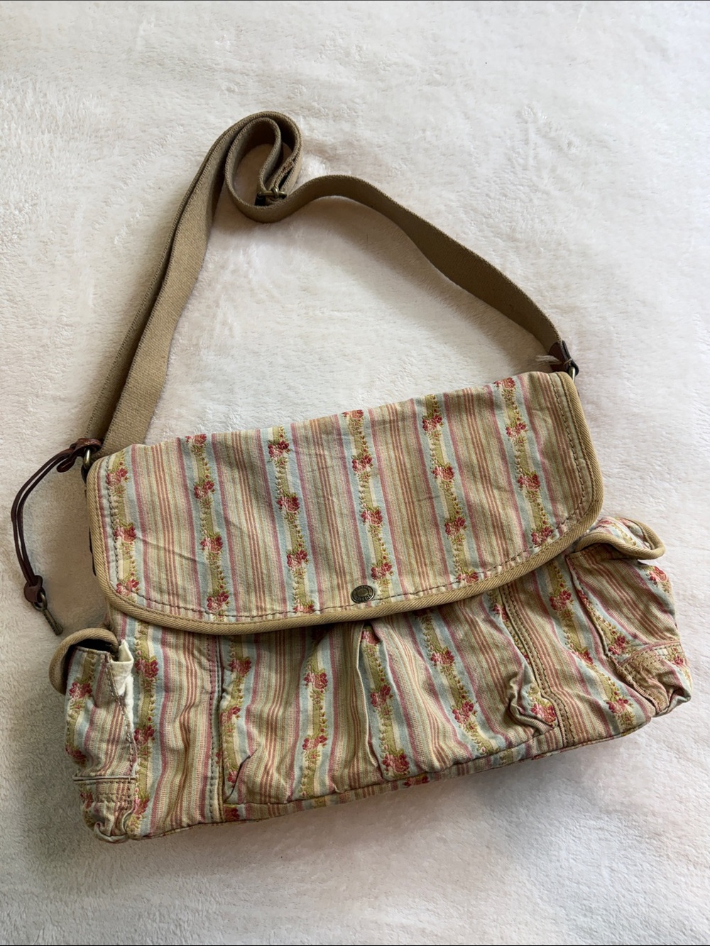 Y2K Fossil 1954 Beige Floral Stripe Canvas Messenger Crossbody Shoulder Bag